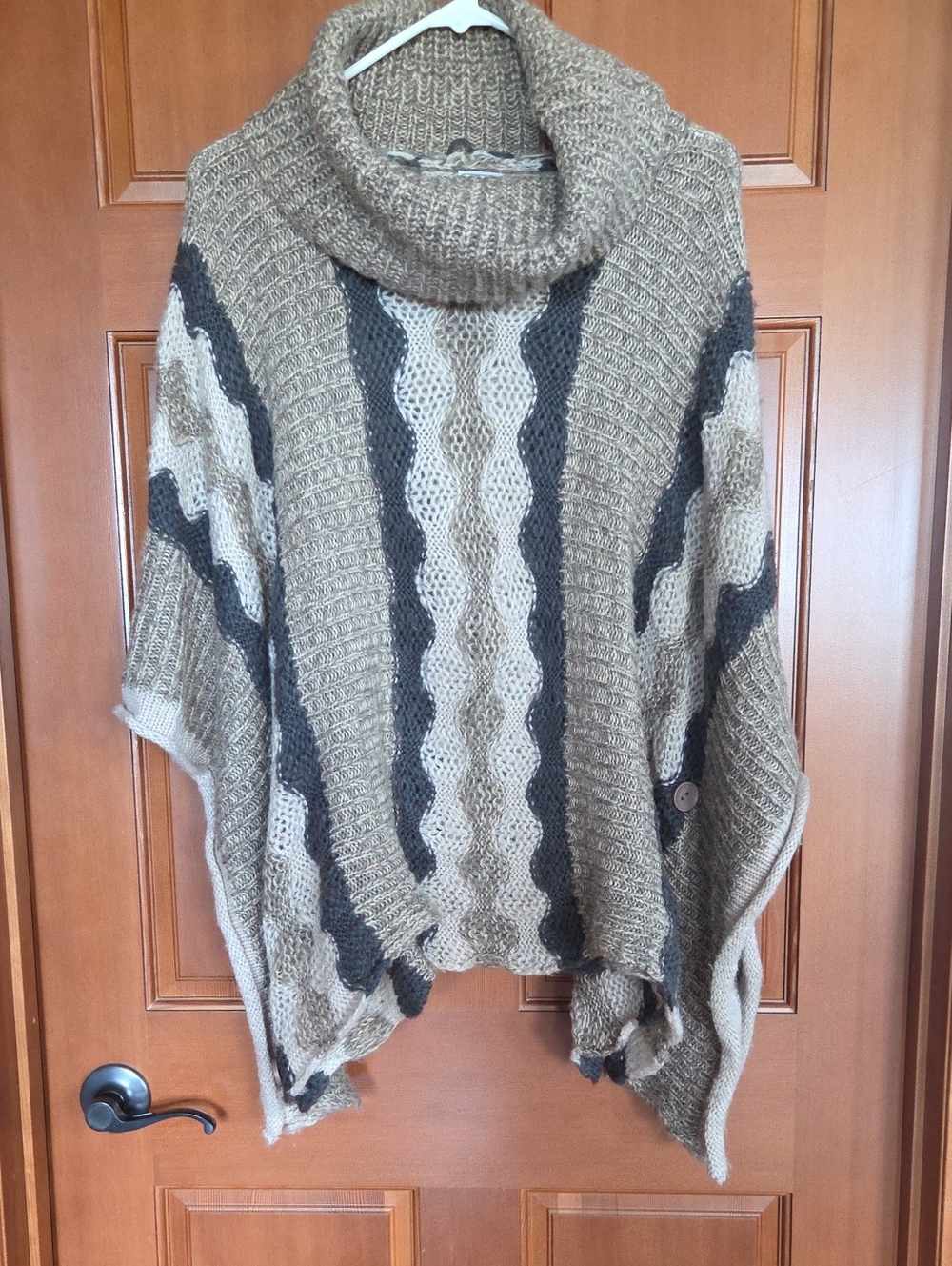 Keren Hart Cozy Cable-Knit Turtleneck Poncho Sweater - Taupe, Cream & Charcoal